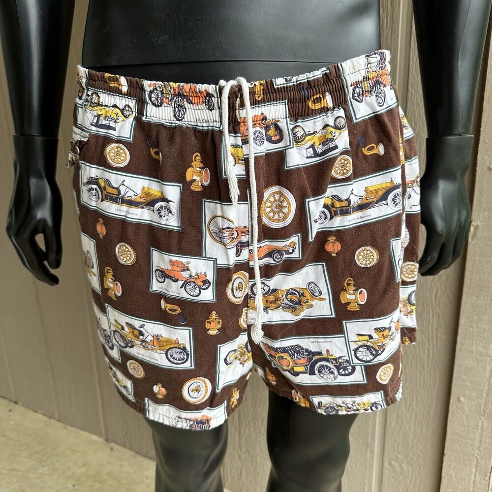 Vintage Classic‎ Cars Swim Trunks Mens Size XL Brown Drawstring Mesh Lined